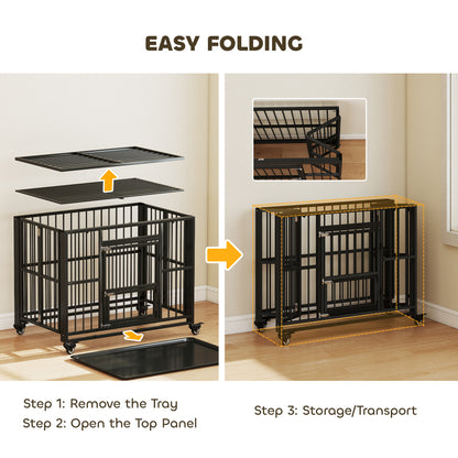 43" Heavy Duty Dog Crate, Foldable Dog Cage, with Openable Top, Locks, Removable Tray, Wheels - Black