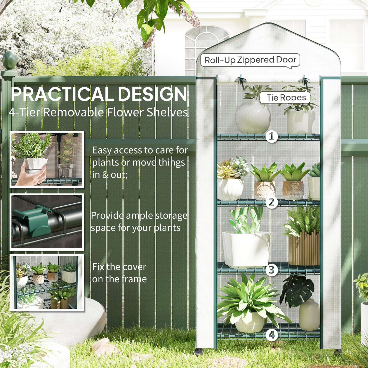 4 Tier Mini Portable Greenhouse Compact Plant Grow Shed Metal Frame PE Cover with Lockable Rolling Wheels, White