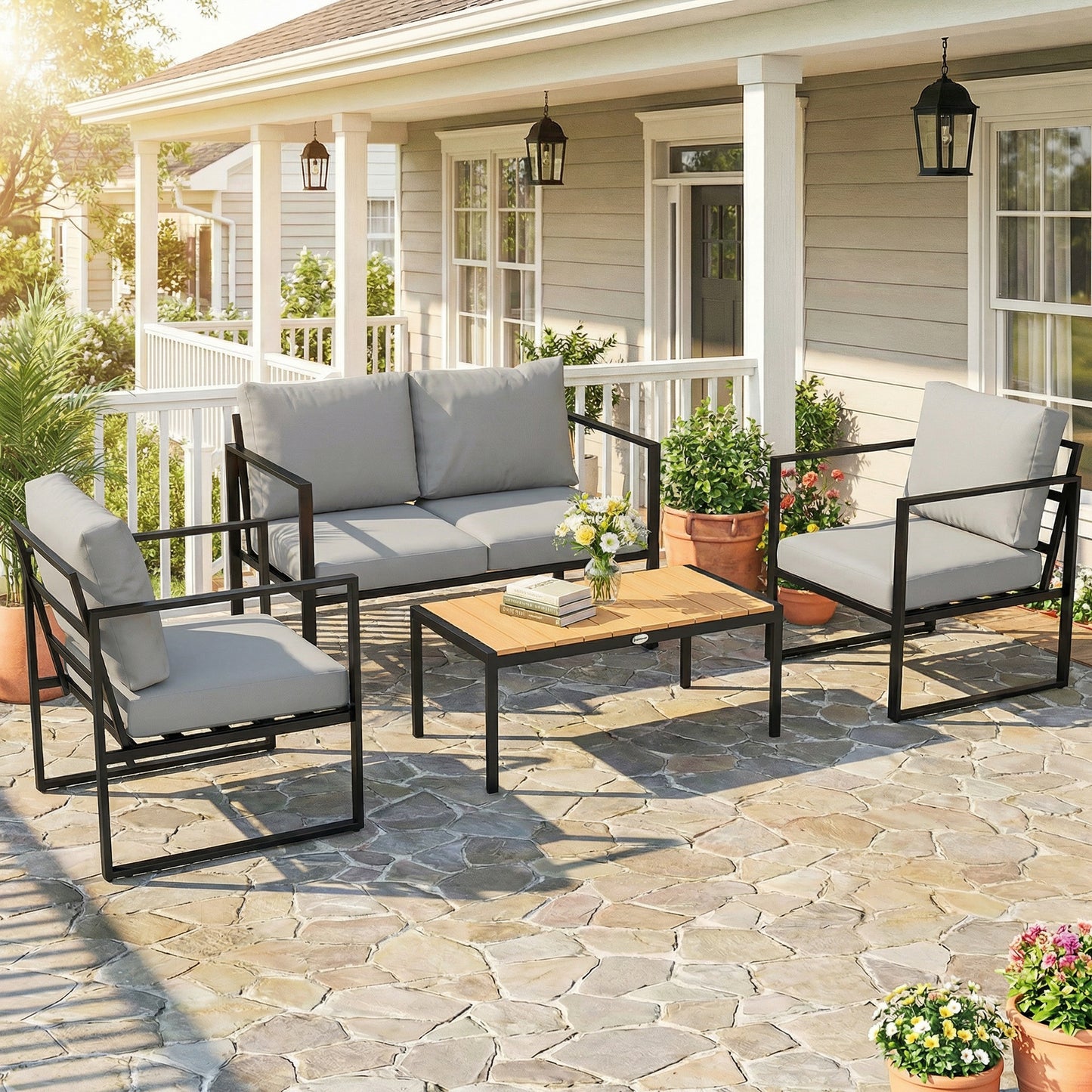 Outdoor Garden Furniture Set, 4 Piece Patio Furniture with Slatted Table, Indoor Outdoor Balcony Patio Conservatory Set