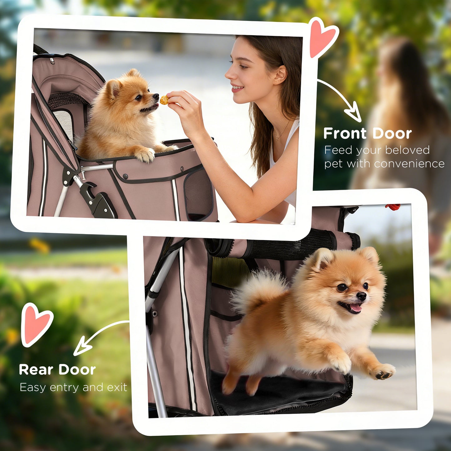 Dog Pram, Pet Stroller with Reflective Strips, Foldable Cat Stroller with 360° Swivel Wheels, Brown