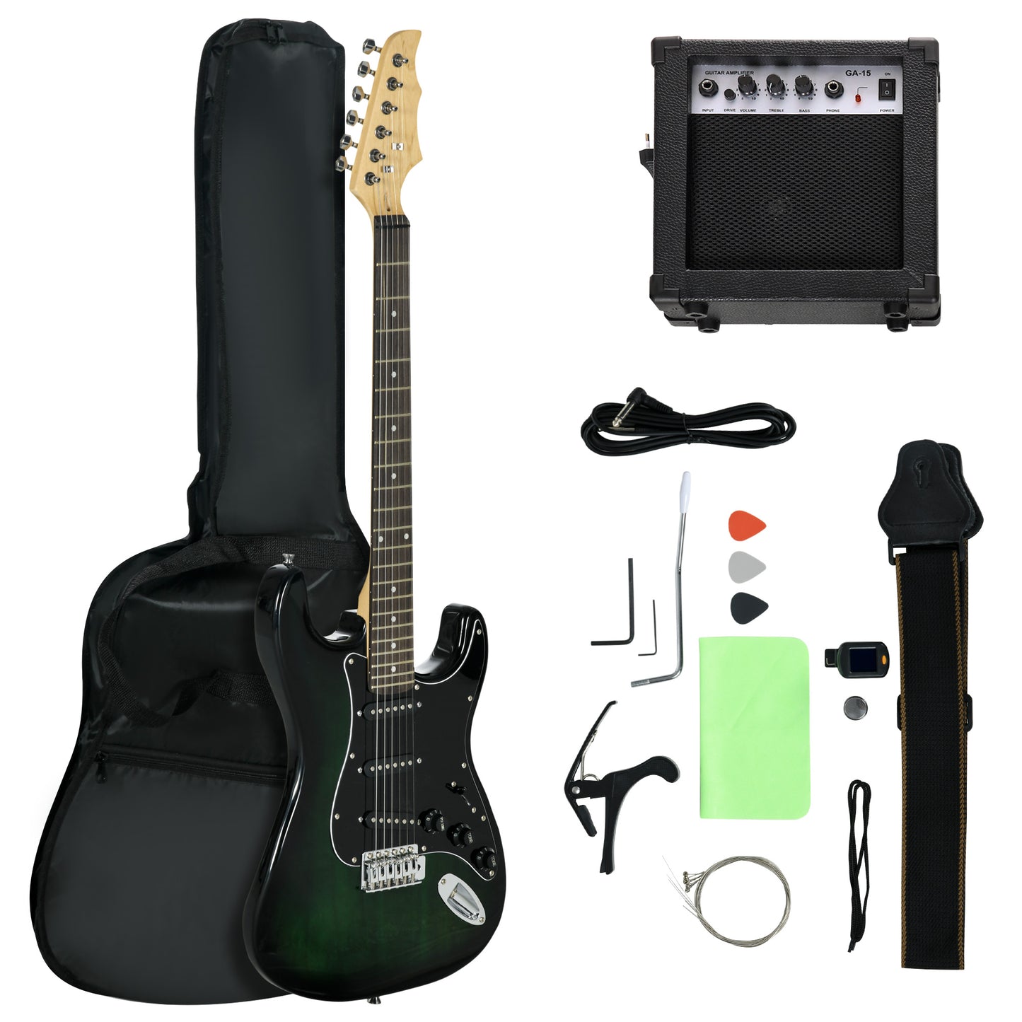 Six-String Electric Guitar, with 15W Amplifier, Digital Turner, Picks, Shoulder Strap, Case Bag - Dark Green
