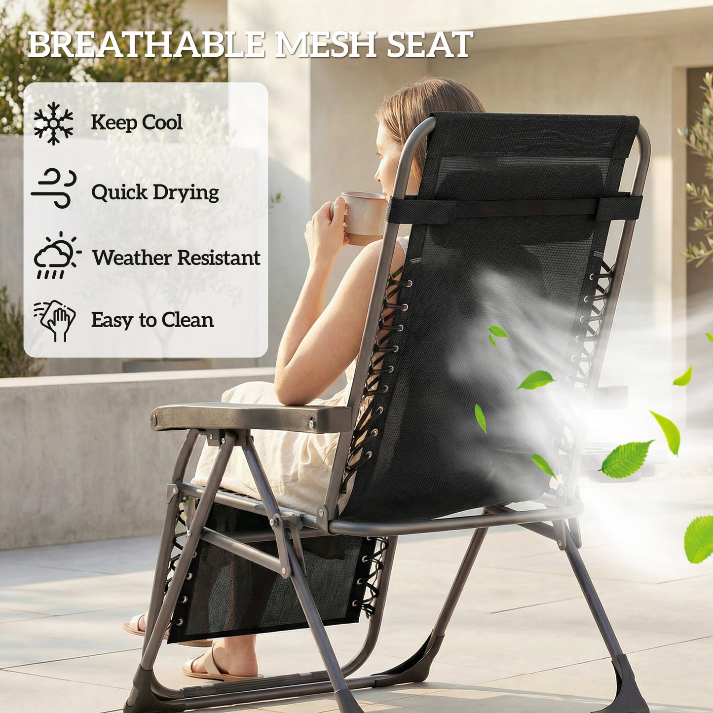 Zero Gravity Chairs Set of 2, Folding Sunloungers Reclining Garden Chairs with Cup Holder, Headrest, Black
