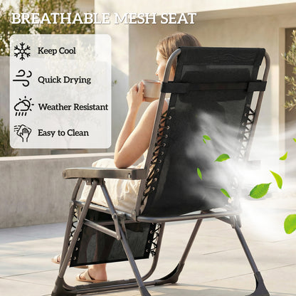 Zero Gravity Chairs Set of 2, Folding Sunloungers Reclining Garden Chairs with Cup Holder, Headrest, Black