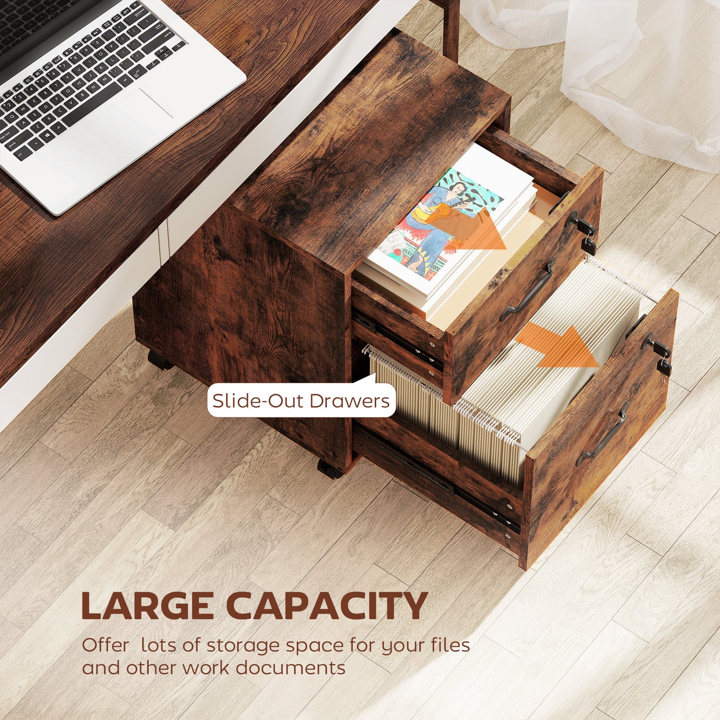 Rolling File Cabinet with 2 Drawers, Mobile Filing Cabinet with Hanging File Folder for Letter Sized Documents, Rustic Brown