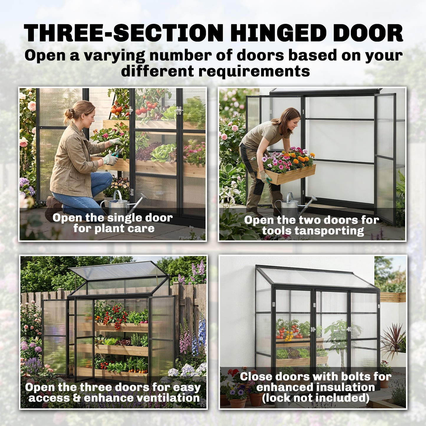 Polycarbonate Greenhouse with 3 Hinged Doors, Top Vent, Lean-to Green House, Walk-in Greenhouse, 6 x 1.5ft, Black