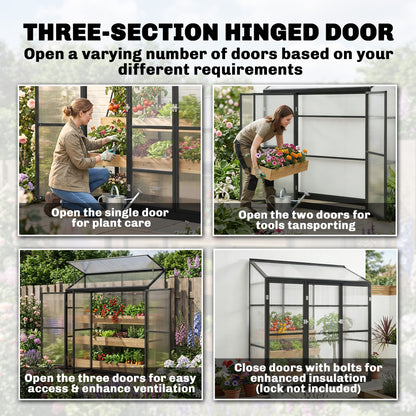 Polycarbonate Greenhouse with 3 Hinged Doors, Top Vent, Lean-to Green House, Walk-in Greenhouse, 6 x 1.5ft, Black