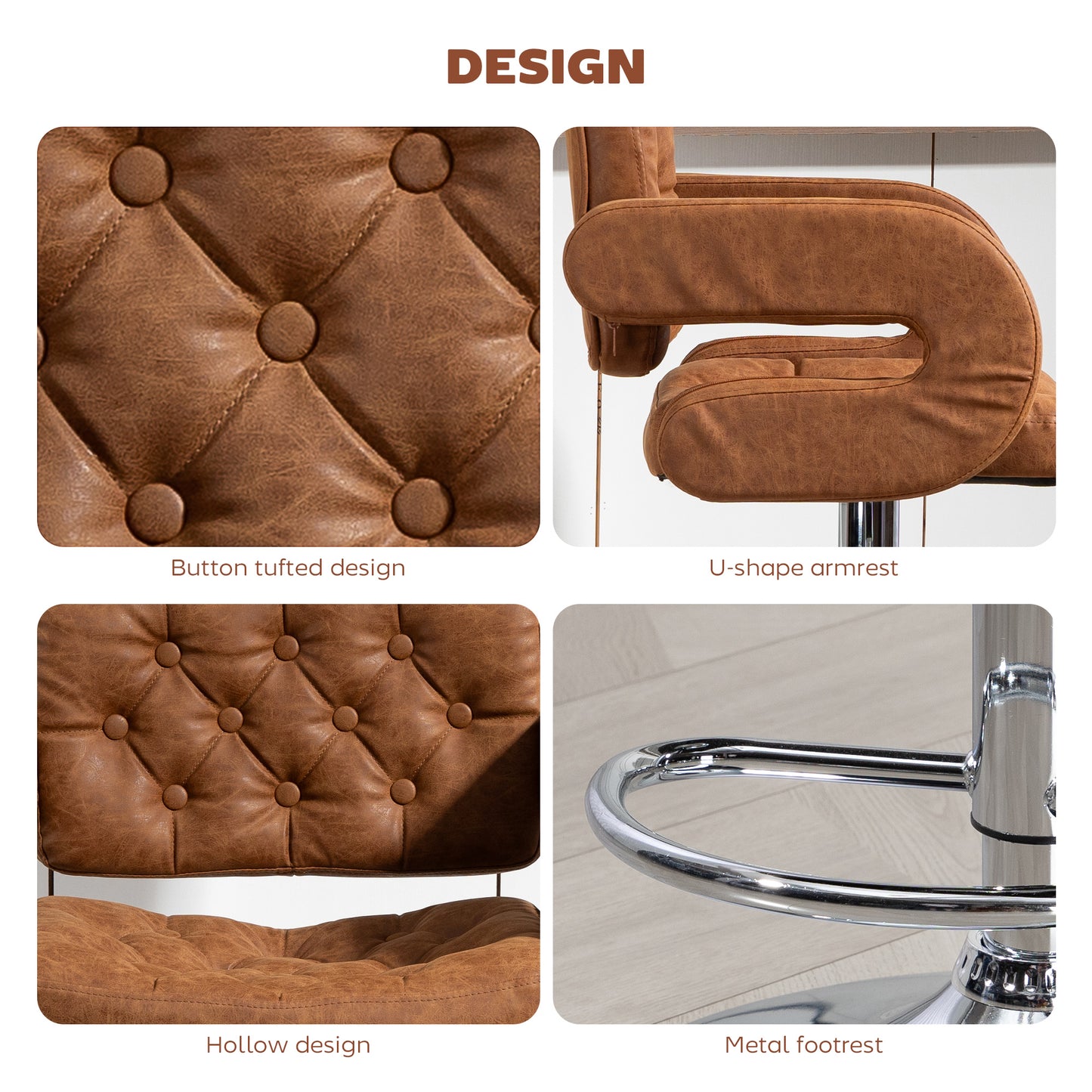 PU Leather Upholstered Swivel Bar Stool, Height Adjustable with Back, Armrest, Footrest, Brown
