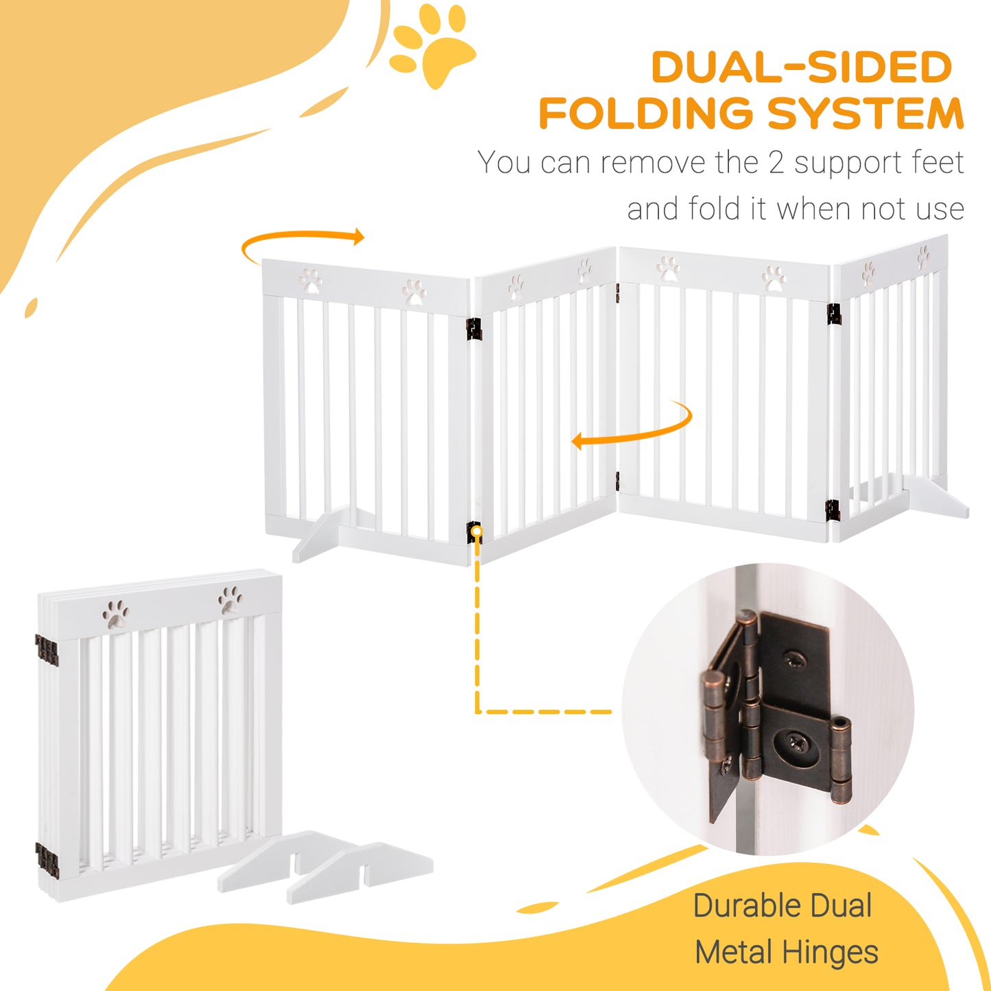 Freestanding Pet Gate 4 Panel Wooden Dog Barrier Folding Safety Fence with Support Feet up to 204cm Long 61cm Tall for Doorwa