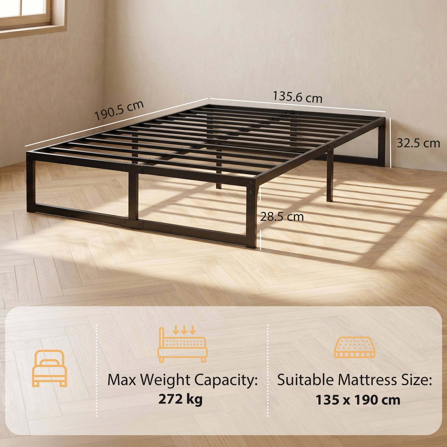 4ft6 Double Bed Frame with Underbed Storage and Steel Slat Support, 32.5 cm Height, Noise-Free, Black