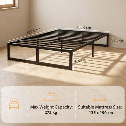 4ft6 Double Bed Frame with Underbed Storage and Steel Slat Support, 32.5 cm Height, Noise-Free, Black
