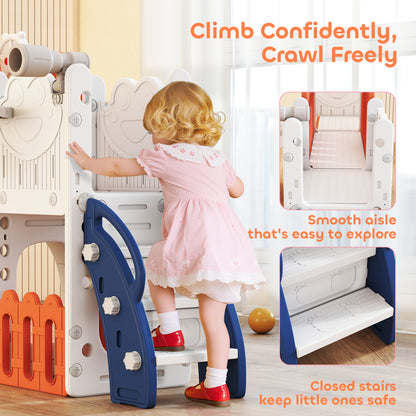 7 in 1 Toddler Slide Set with Basketball Hoop, Climbing Frame, Telescope, Drawing Board, Storage Box, Orange