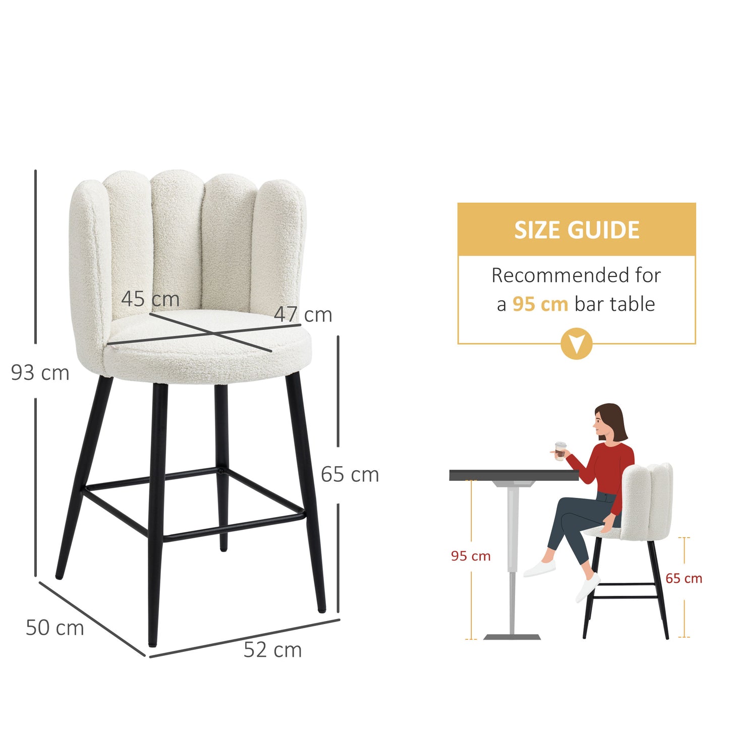 Bar Stools Set of 2, Modern Boucle Upholstered Shell Barstools, Breakfast Bar Chairs with Backrest