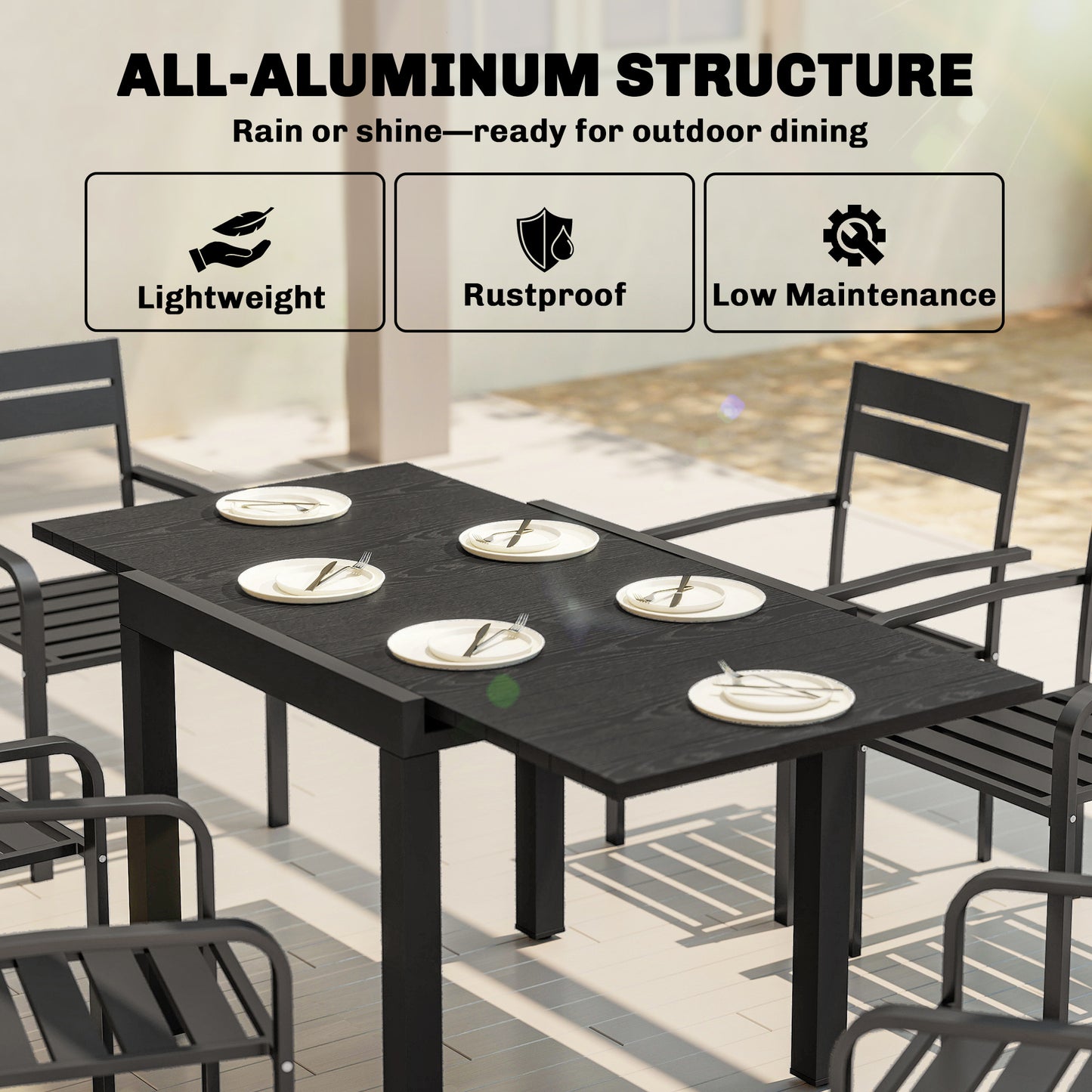 Extending Garden Table for 4-6, Aluminium Outdoor Dining Table with Faux Wood Slatted Top, Black