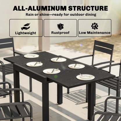 Extending Garden Table for 4-6, Aluminium Outdoor Dining Table with Faux Wood Slatted Top, Black