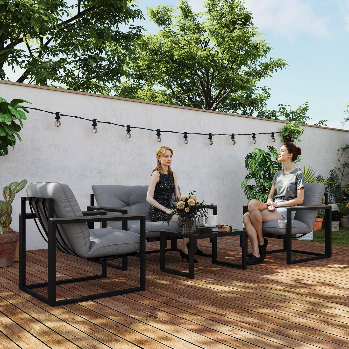 Garden Furniture Set, 4 Piece Indoor Outdoor Conservatory with Loveseat Sofa, Armchairs, Glass Top Coffee Table