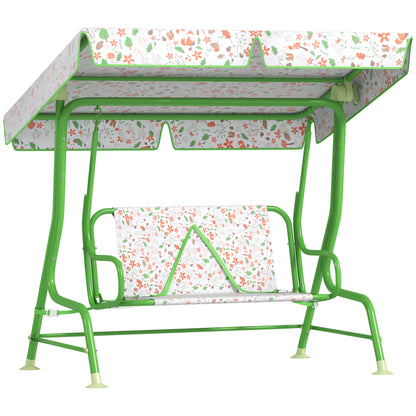 Kids Garden Swing Chair with Adjustable Canopy, Safety Belt, 2 Seater Hammock Swing Bench for Patio, Porch, Green