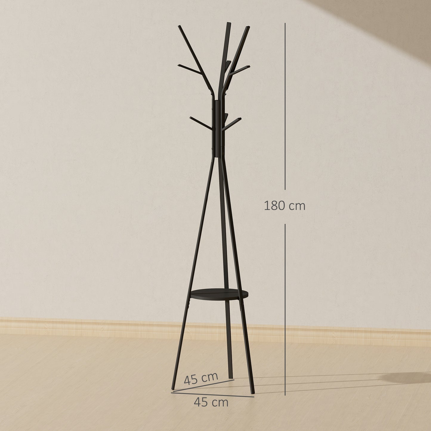 Freestanding Metal Coat Rack Stand 9 Hooks Clothes Tree with 1 Shelf Hat Display Hall Tree Hanger Bag Umbrella Hanging Organi