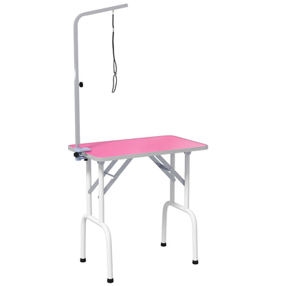 32" Foldable Dog Grooming Table Pet Drying Beauty Table Adjustable Fixed Arm Rubber Top, Pink