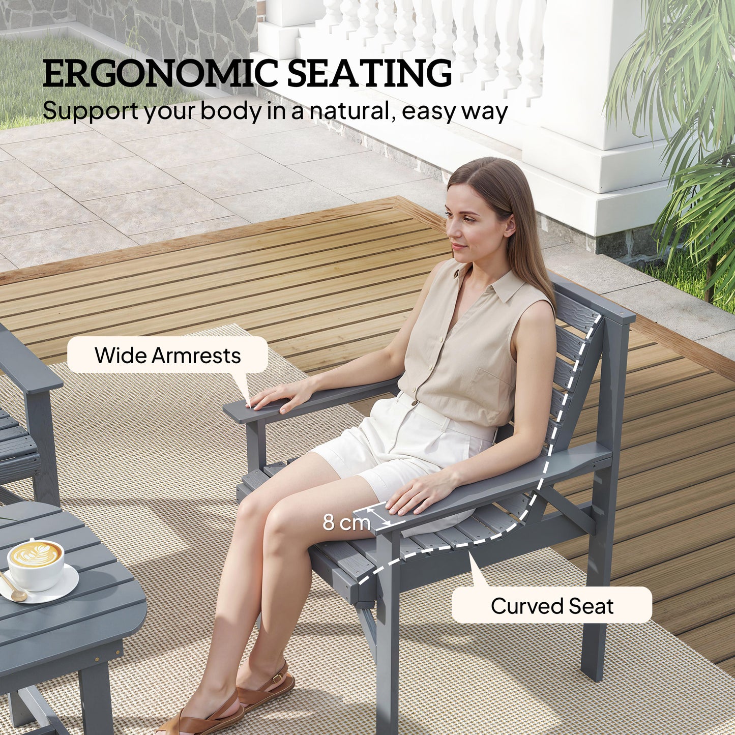 4 Piece Wooden Garden Furniture Set, Outdoor Garden Sofa Set with 2 Armchairs, Loveseat and Coffee Table, Grey