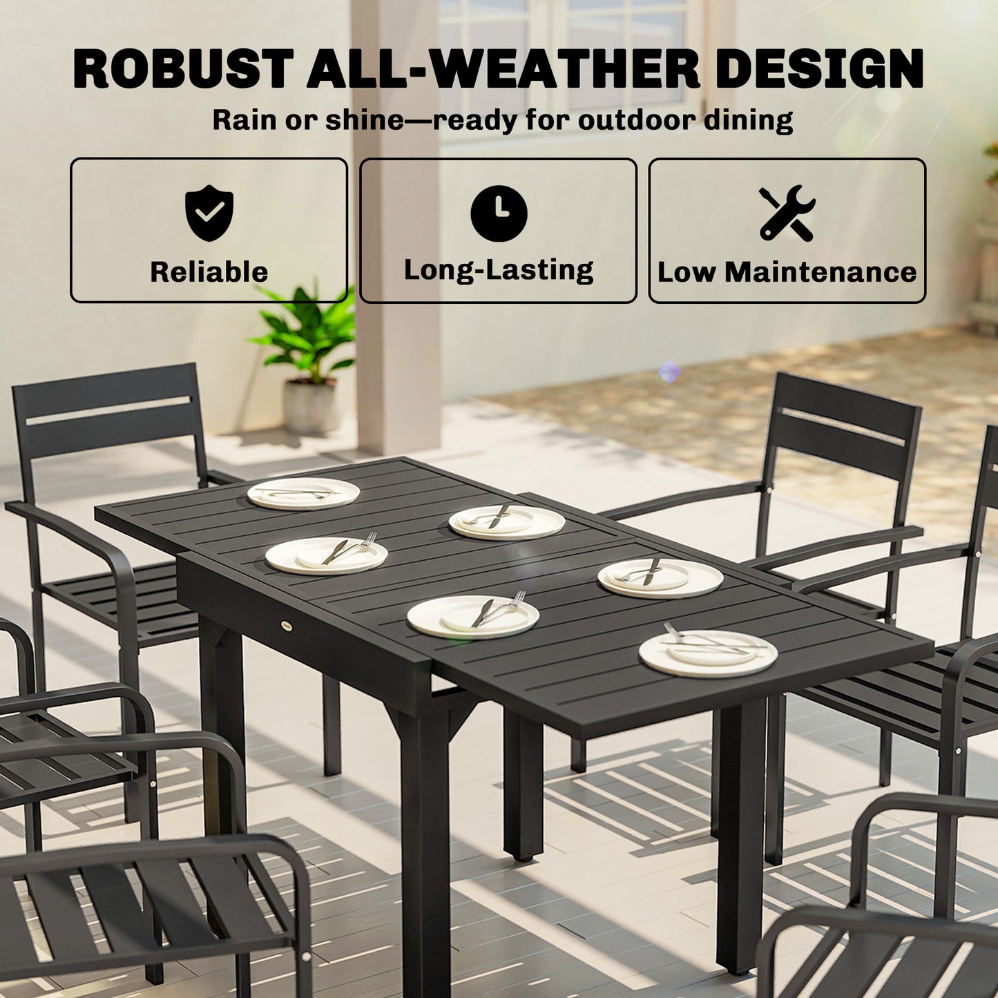 Expandable Patio Dining Table for 4-6 People, 80-160 cm Aluminium Extendable Outdoor Patio Table with Slatted Top, Black