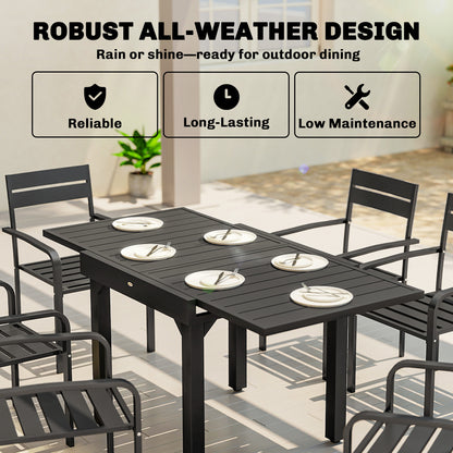 Expandable Patio Dining Table for 4-6 People, 80-160 cm Aluminium Extendable Outdoor Patio Table with Slatted Top, Black