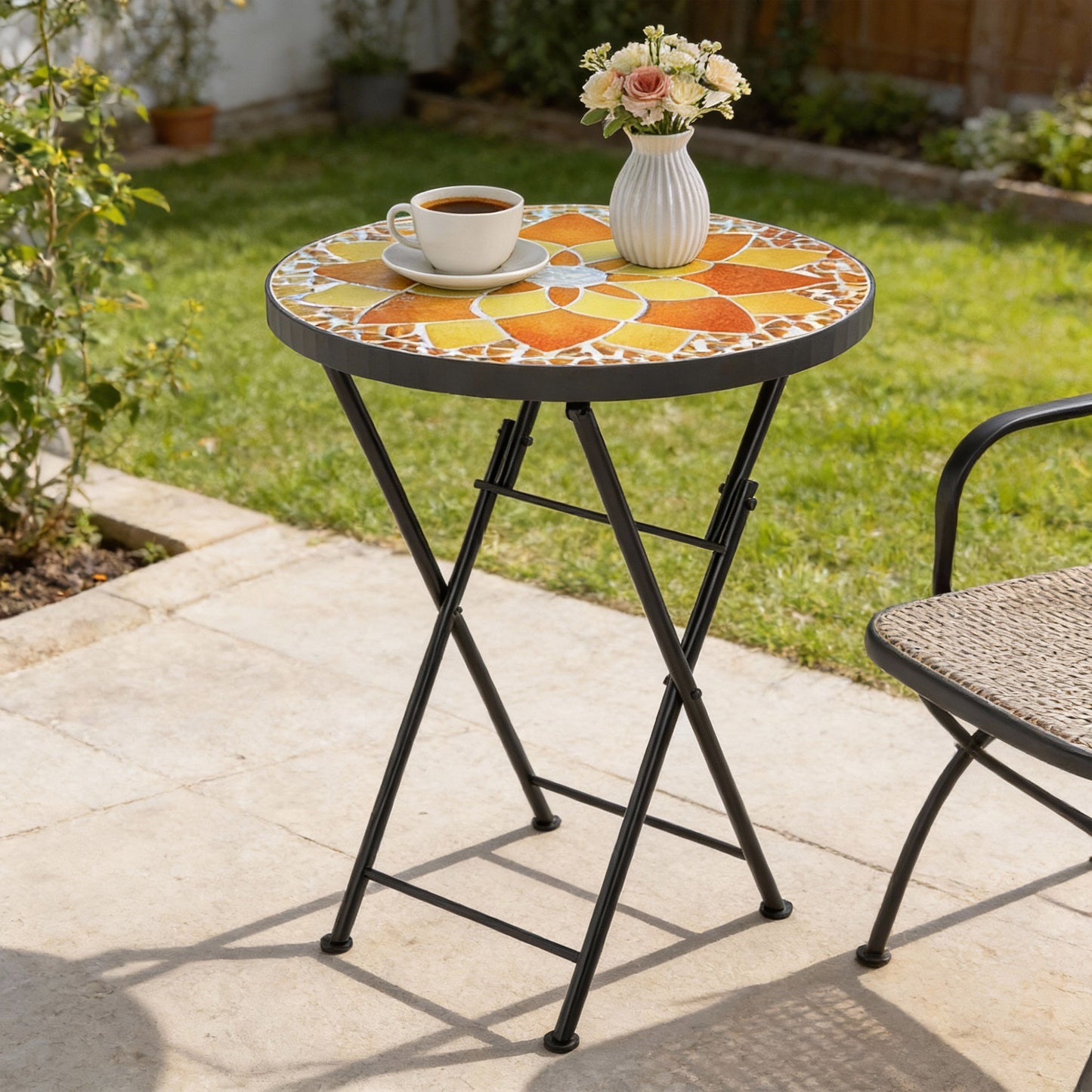 Mosaic Outdoor Garden Table, 35.5cm Round Folding Coffee Table with Metal Frame for Balcony Terrace, Yellow