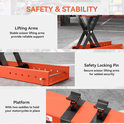 500 kg Motorcycle Scissor Lift Jack, Heavy Duty Steel Adjustable Motorbike Lifting Hoist Stand with Safety Pin