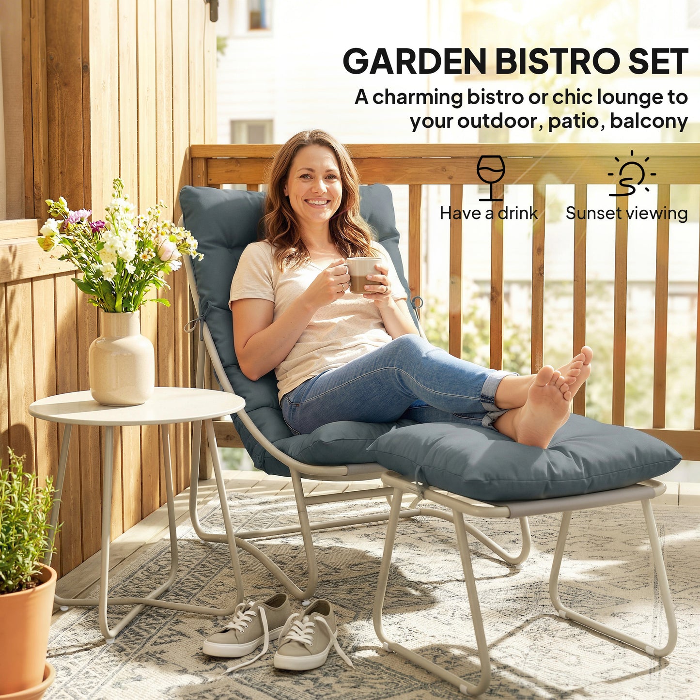 Bistro Set for Garden, 3 Piece Outdoor Table and Chair with Footstool and Removable Cushions, Comfy Balcony Furniture