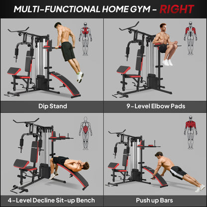 Multi Gym Workout Station, Weight Machine with 65kg Weight Stack, Sit Up Bench, Push Up Stand, Dip Station