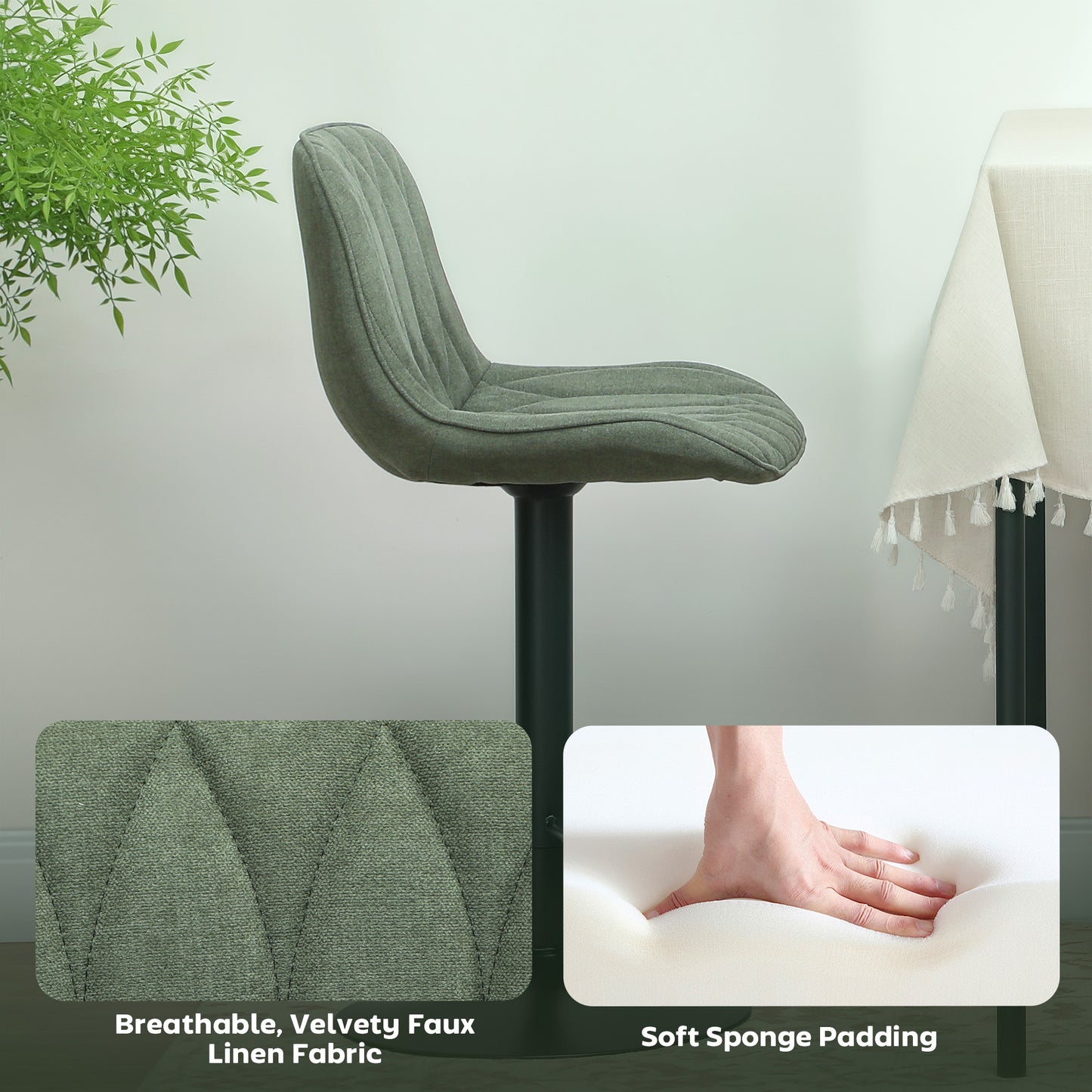 Breakfast Bar Stools Set of 2 Linen upholstery 60-80cm Adjustable Height - Green