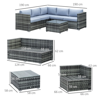 Four-Piece Rattan Sofa Set with 11 Cushions, Steal Frame - Grey