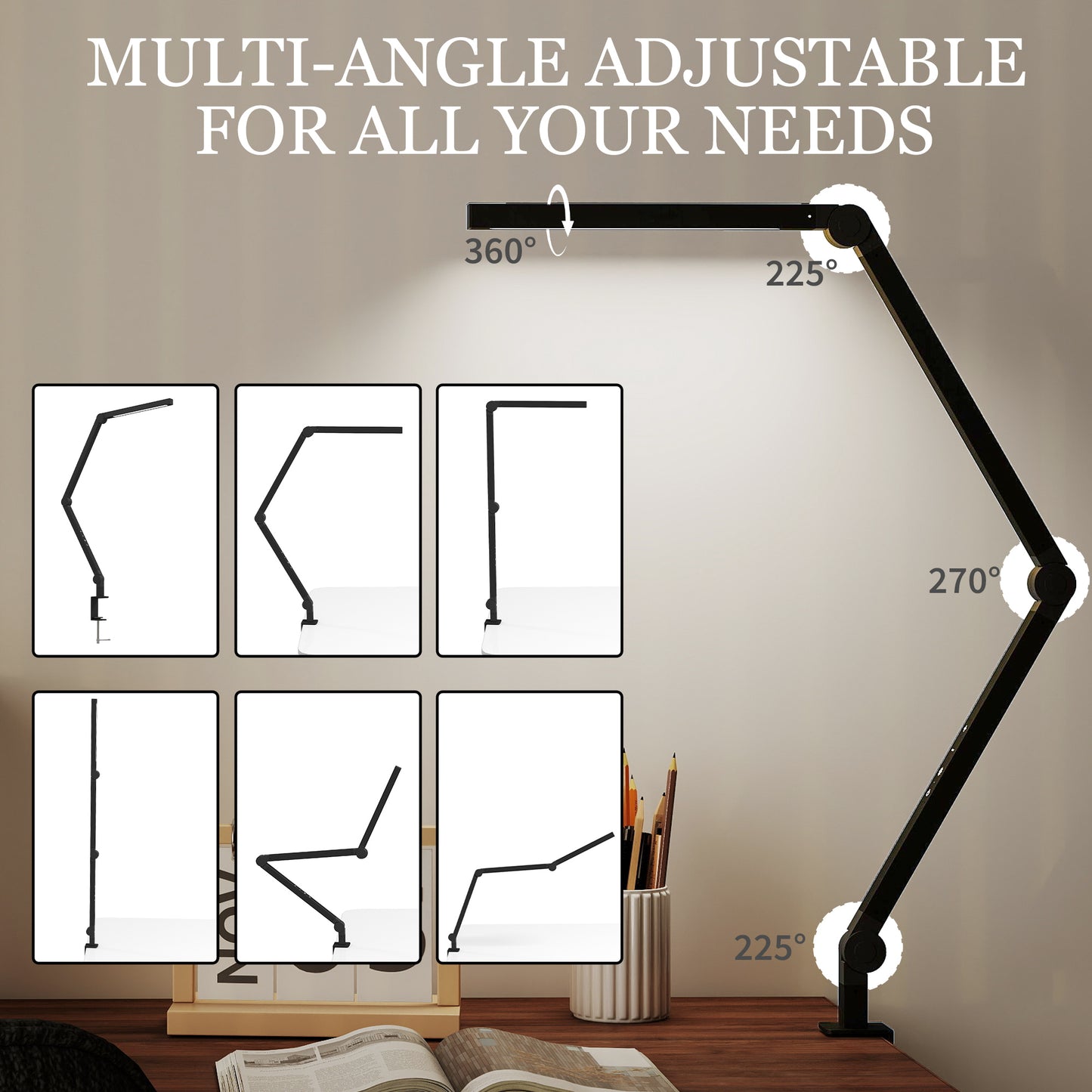 LED Desk Lamp, Dimmable Desk Light with Swing Arm and Clamp