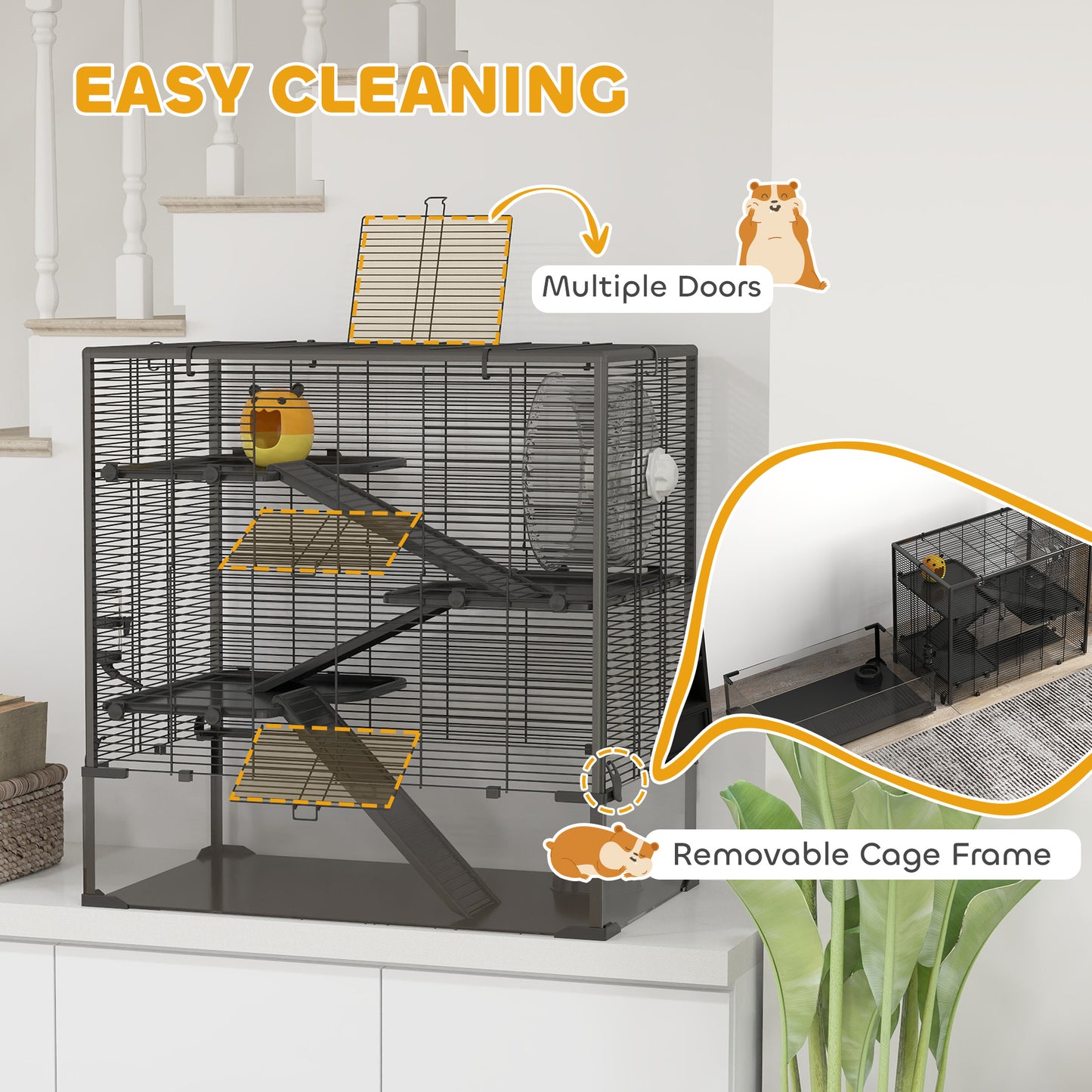 Four-Tier Hamster Cage with Deep Tempered Glass Bottom, Hut, Running Wheel, Food Dish, Water Bottle, 78.5 x 48.5 x 80cm