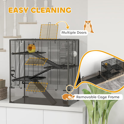 Four-Tier Hamster Cage with Deep Tempered Glass Bottom, Hut, Running Wheel, Food Dish, Water Bottle, 78.5 x 48.5 x 80cm