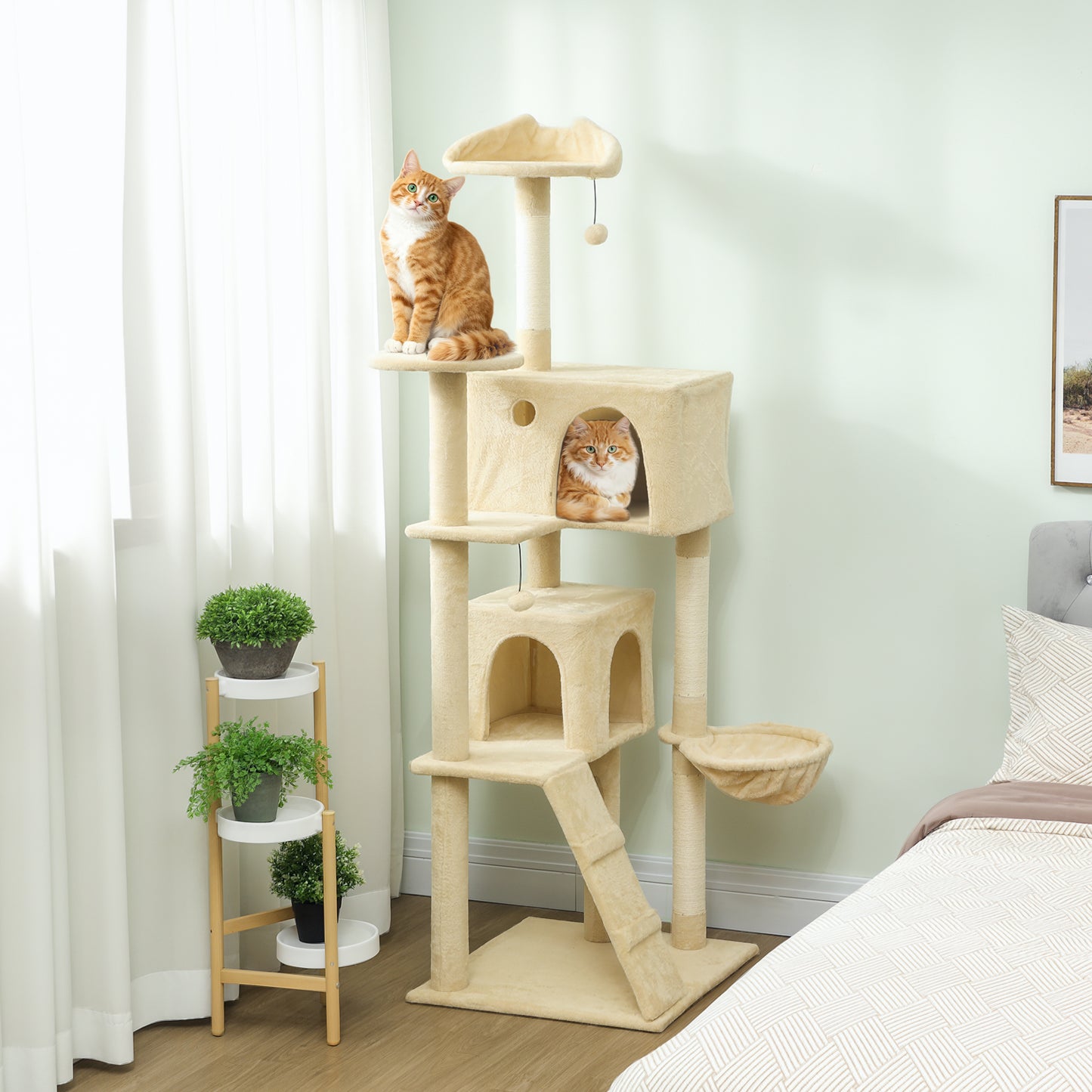 180cm Large Cat Tree Tower with Sisal Scratching Posts, Condos, Plush Perches, Hammock, Ladder, Beige