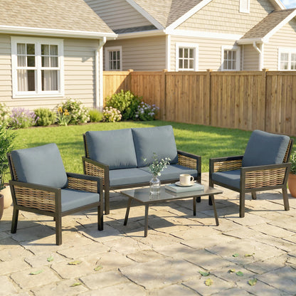 4 Seater Rattan Garden Furniture Set with 2 Armchairs, Loveseat, Coffee Table, Garden Sofa Set with Cushions, Grey