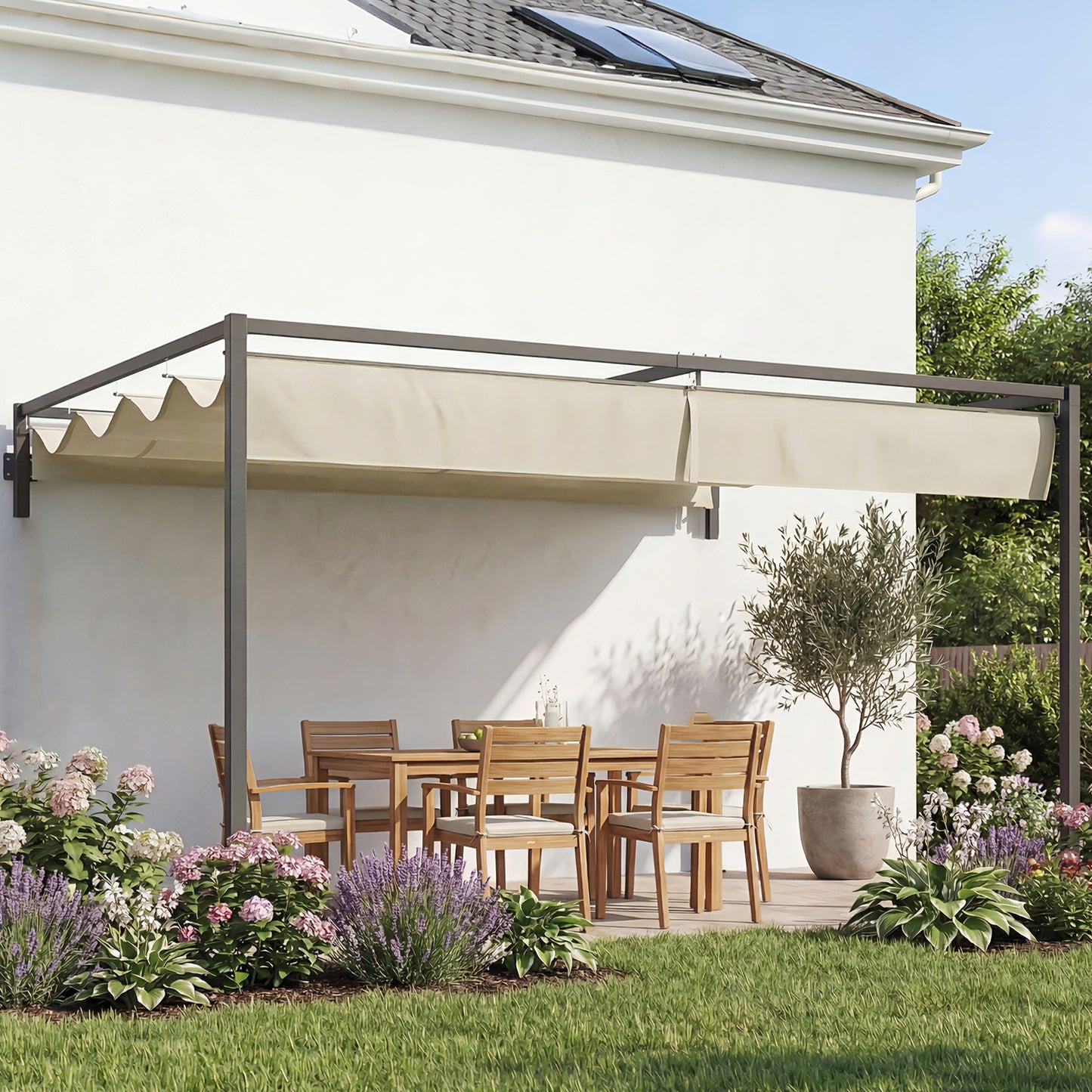3 x 4m Steel Pergola, with Retractable Canopy - Khaki