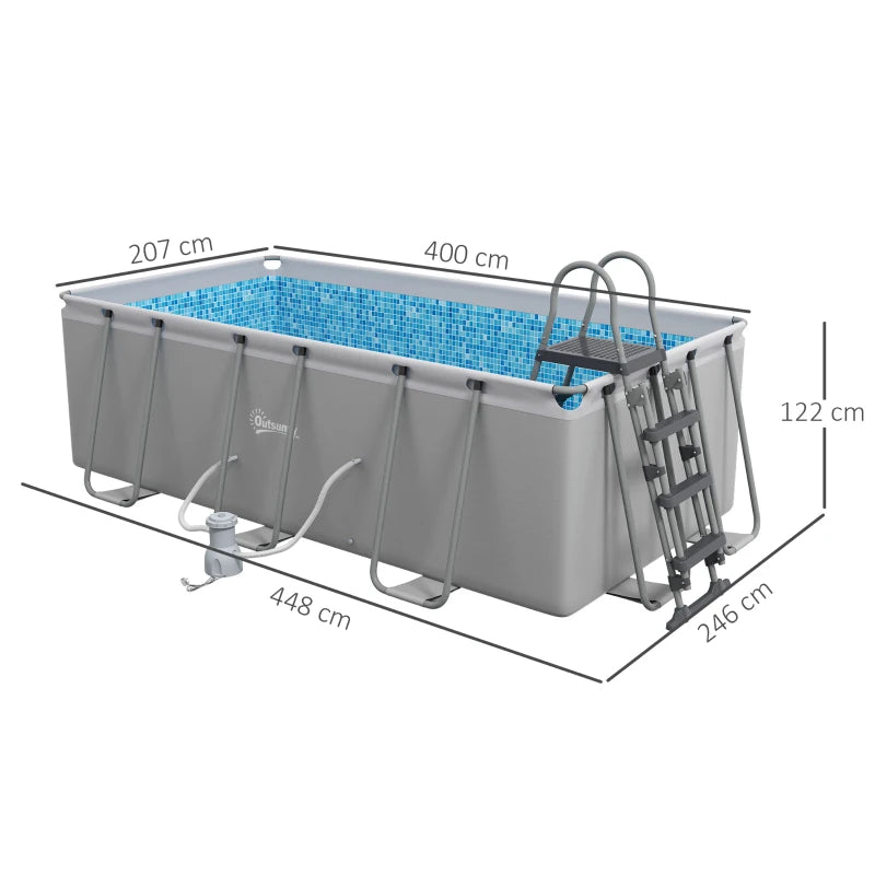 Rectangle Steel Frame Swimming Pool with Ladder and Pump - Grey