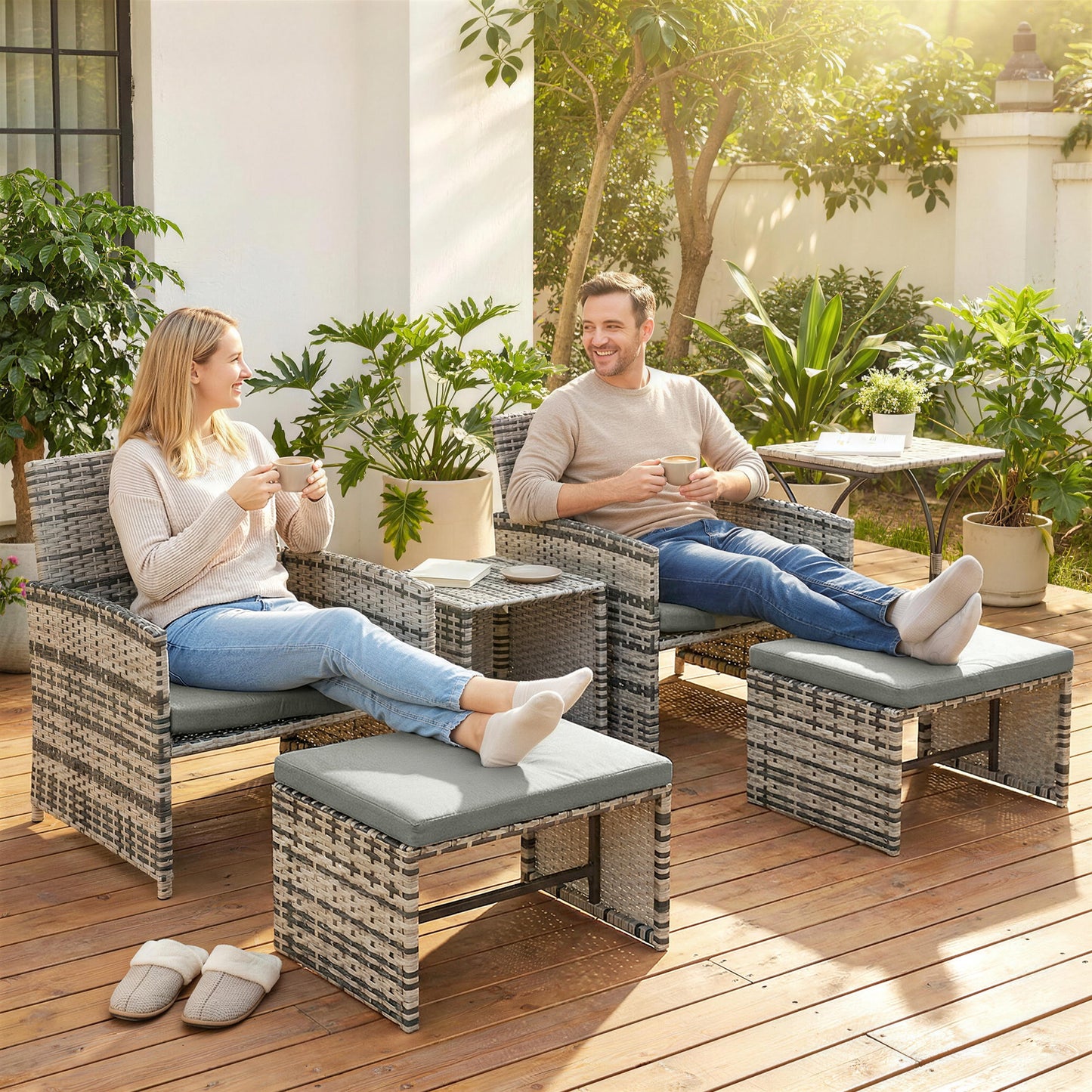 6 Piece Rattan Garden Furniture, Space-Saving Patio Furniture Set with Nesting Tables, Chairs, Stools, Cushions, Grey