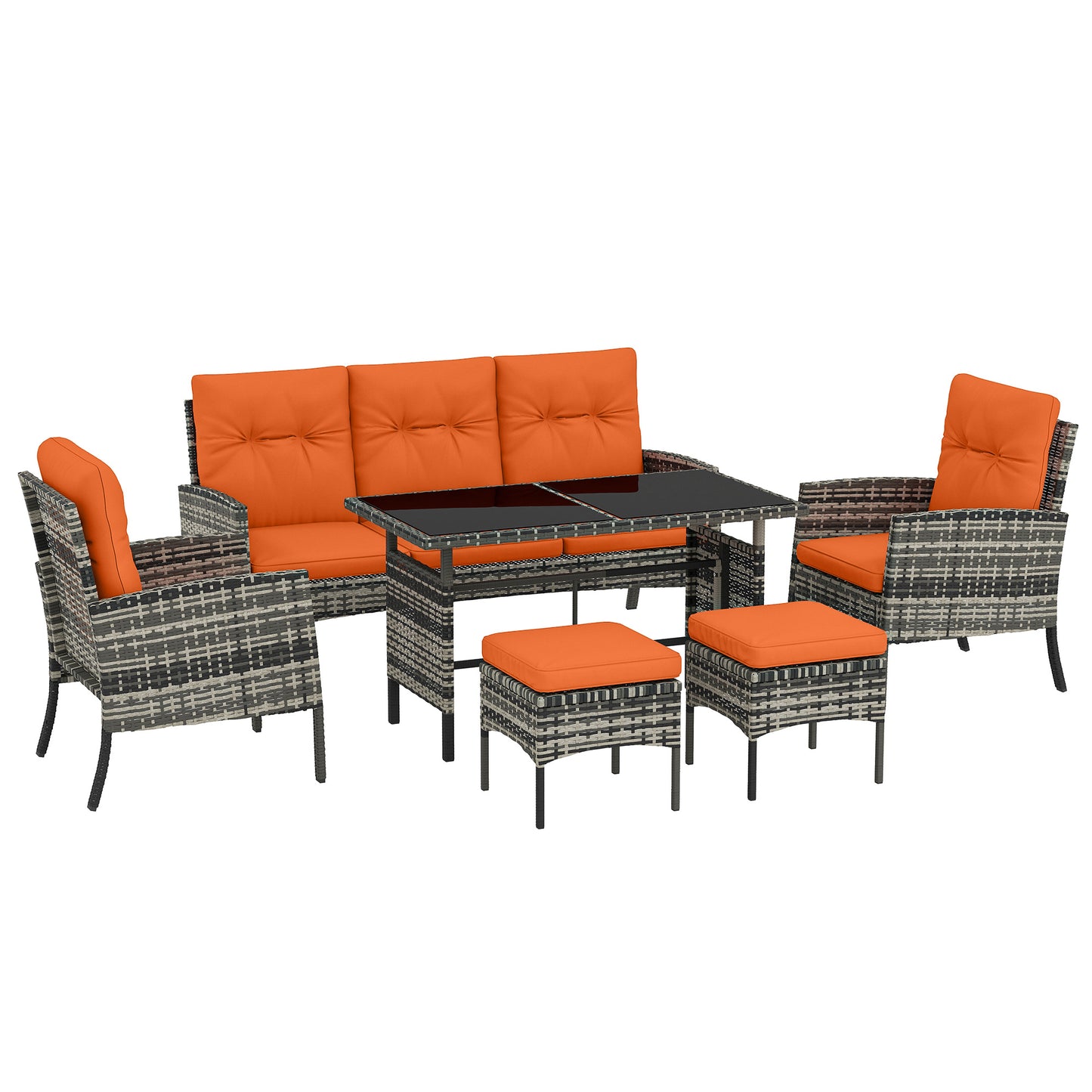 6 Pieces Rattan Garden Furniture Set with Dining Table and Cushions, Orange