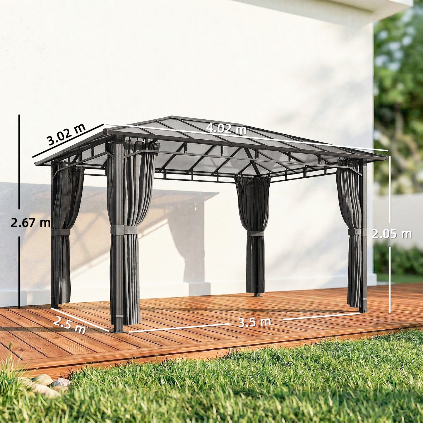 3 x 4 m Outdoor Hardtop Gazebo Canopy with PC Roof, Aluminium Permanent Pavilion Garden Gazebo with Curtains, Dark Grey