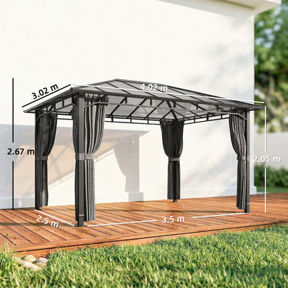 3 x 4 m Outdoor Hardtop Gazebo Canopy with PC Roof, Aluminium Permanent Pavilion Garden Gazebo with Curtains, Dark Grey