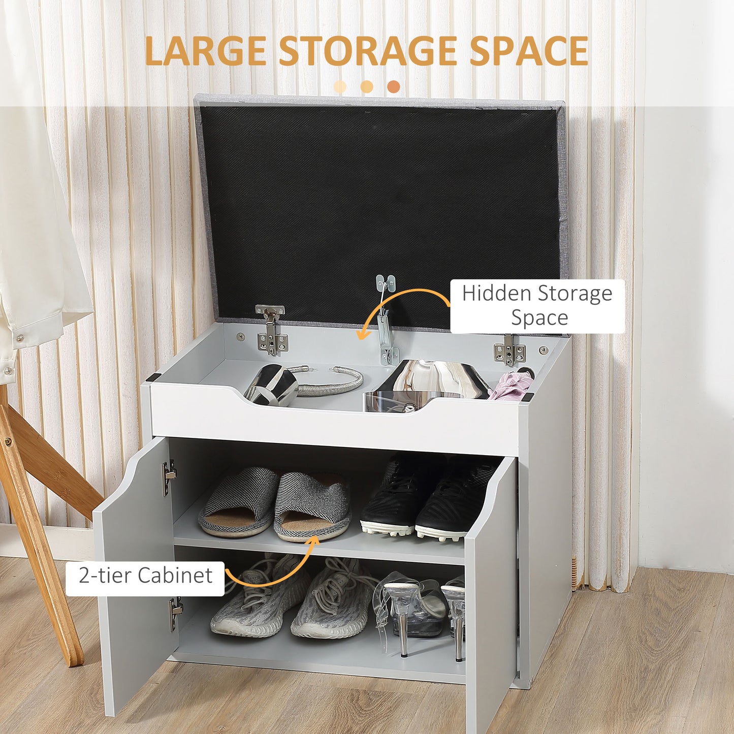 Shoe Bench with Cushion, Modern Storage Bench with Padded Seat, 2-tier Cabinet, Hidden Storage