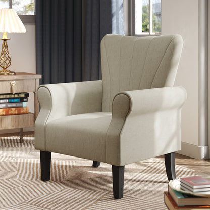 Upholstered Accent Chair with Rolled Arms and Wood Legs, Armchair for Living Room Bedroom, Beige