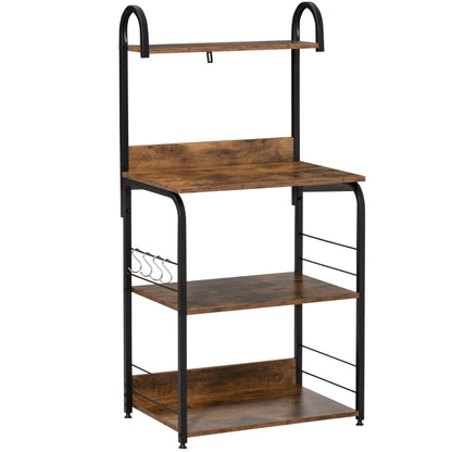 4-Tier Baker's Rack, Microwave Stand with 4 Hooks, Kitchen Storage Unit for Spices, Pots and Pans, Rustic Brown