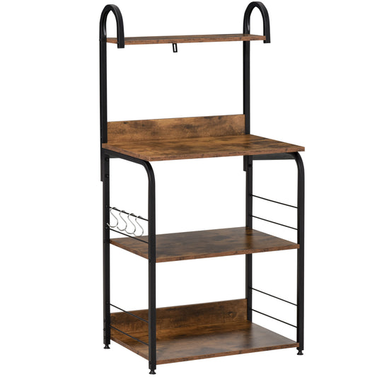 4-Tier Baker's Rack, Microwave Stand with 4 Hooks, Kitchen Storage Unit for Spices, Pots and Pans, Rustic Brown