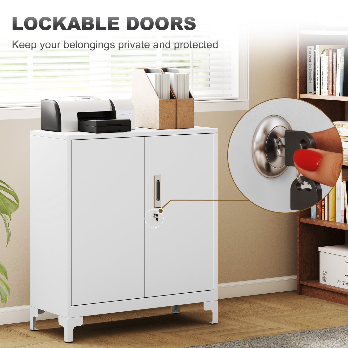 Lockable Metal Filing Cabinet, 2-Tier Storage Cupboard with Double Doors, Modern Office Organiser, White