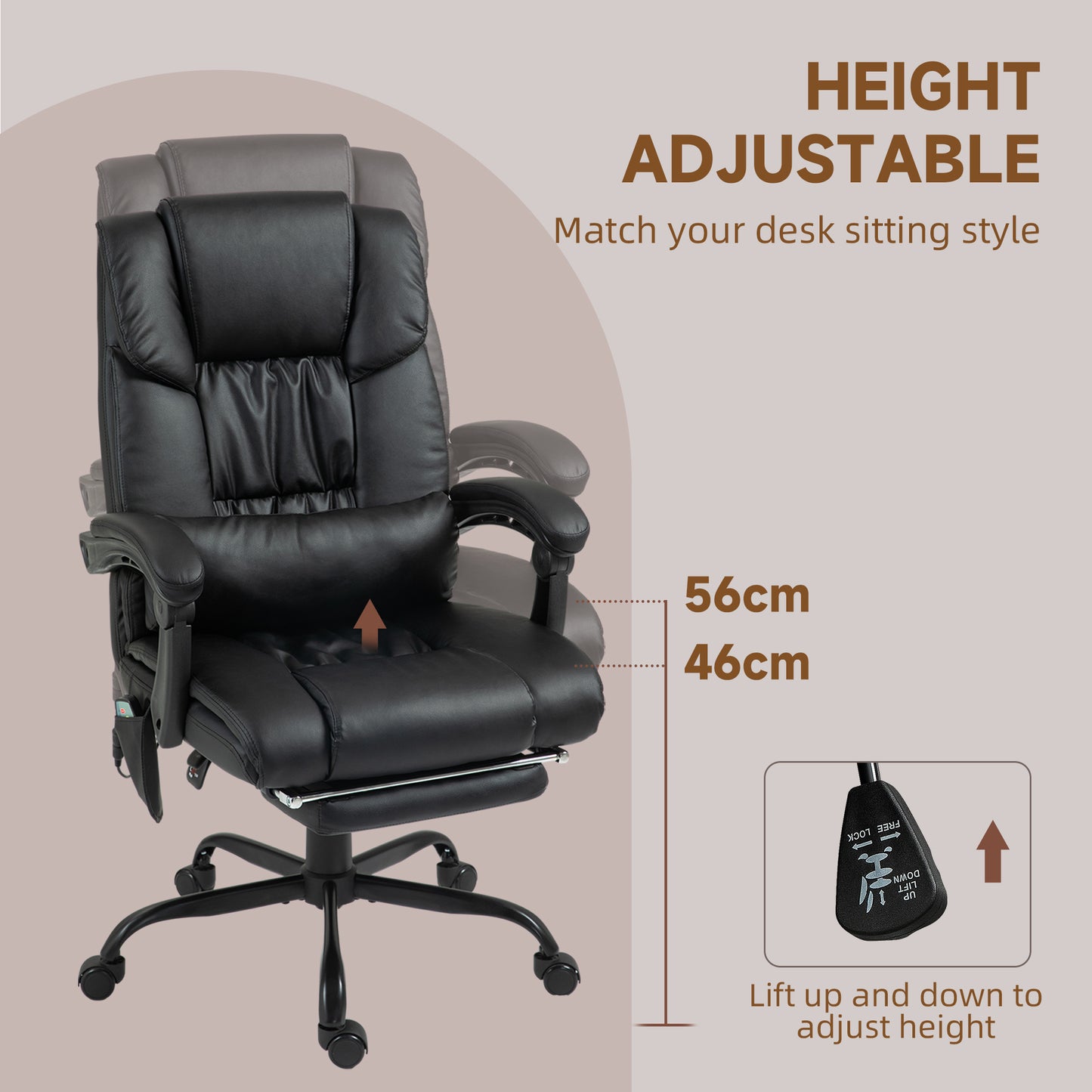 6-Point Massage Office Chair, PU Leather Desk Chair with Adjustable Height and Footrest for Home Office, Black