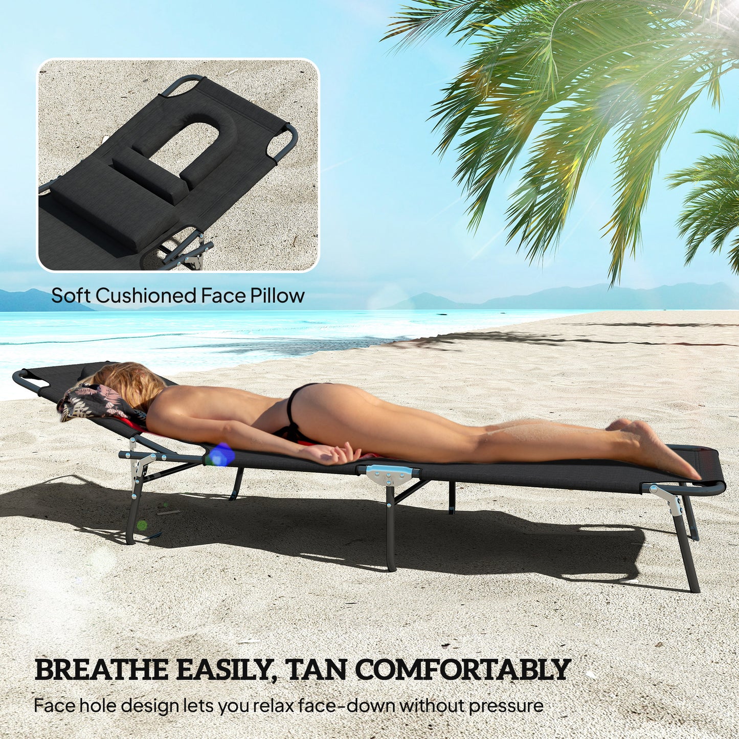 Folding Sun Loungers Set of 2 with Face Hole, 4-Position Adjustable Backrest Garden Recliner Chair Sunbed