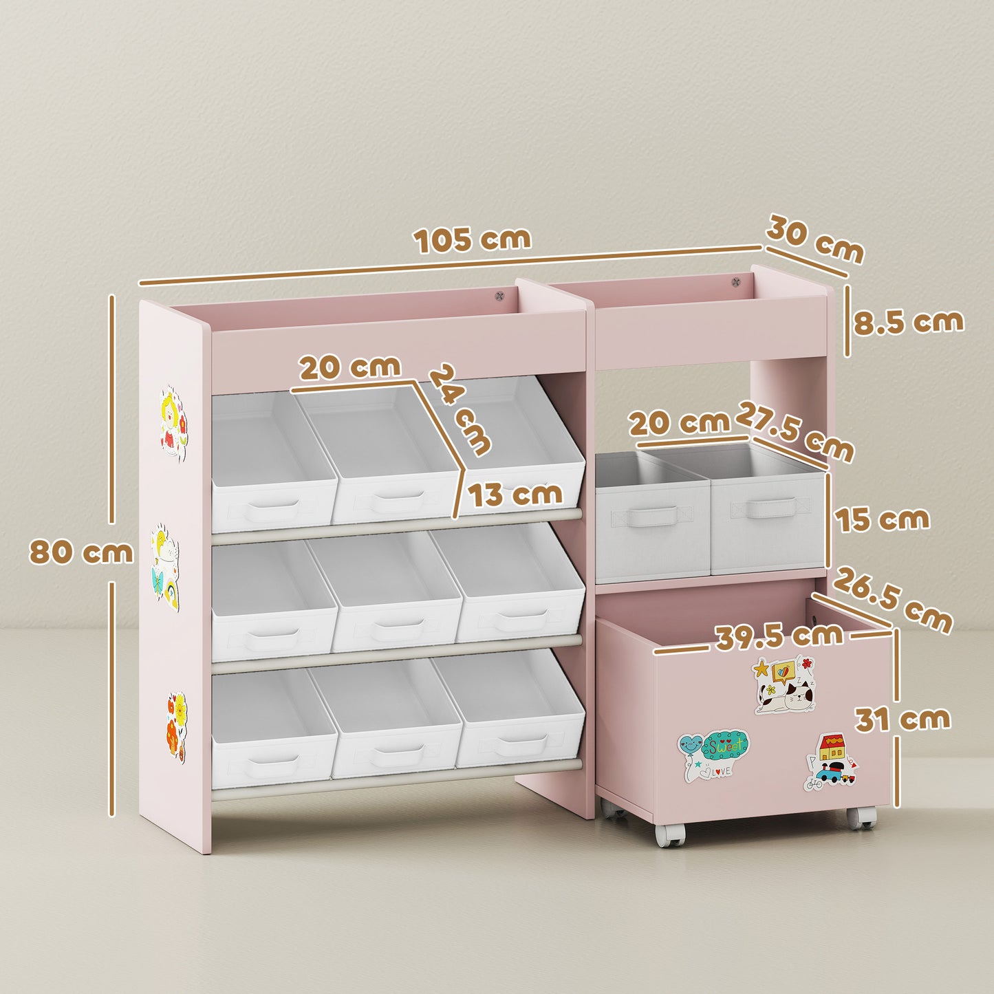 Kids Toy Storage Unit with 11 Bins, Cabinet, Top Shelves, 3 Stickers, for Nursery, Playroom, Pink